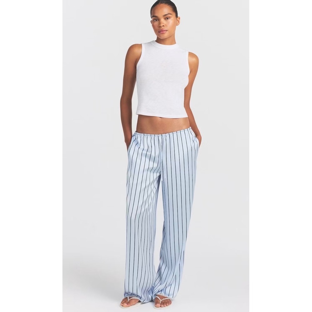 SKIMS Sleep Pant Blue Pinstripe Satin NWOT Pajama Bottoms Small Wide Leg Trim